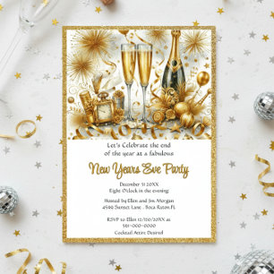 Glamorous  Gold on White New Year's Eve Party  Invitation