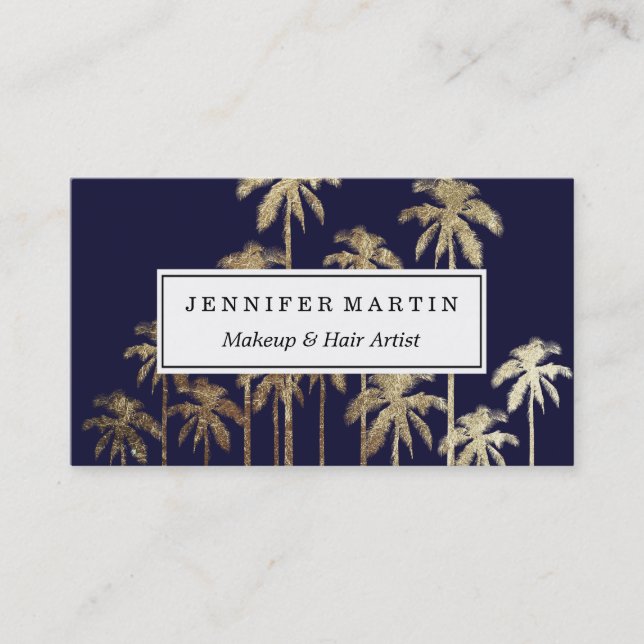 Glamorous Gold Tropical Palm Trees Navy Blue Business Card (Front)