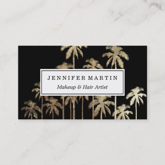Glamorous Gold Tropical Palm Trees on Black Business Card (Front)