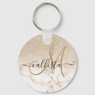 Glamorous Gold White Glitter Marble Gradient Ombre Key Ring