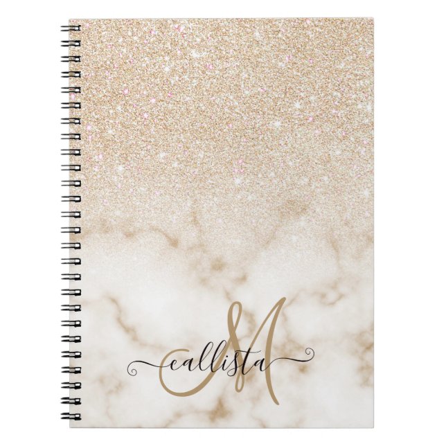 Glamorous Gold White Glitter Marble Gradient Ombre Notebook (Front)