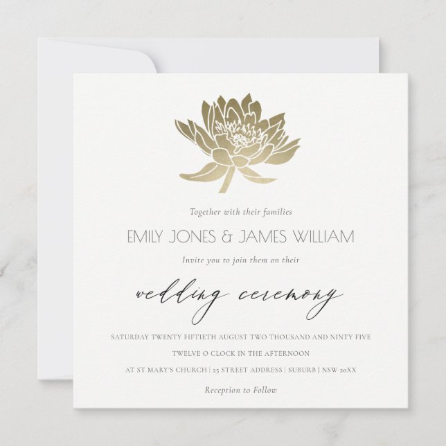 GLAMOROUS GOLD WHITE KRAFT LOTUS FLORAL WEDDING INVITATION (Front)