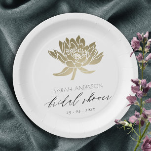 GLAMOROUS GOLD WHITE LOTUS FLORAL  BRIDAL SHOWER PAPER PLATE