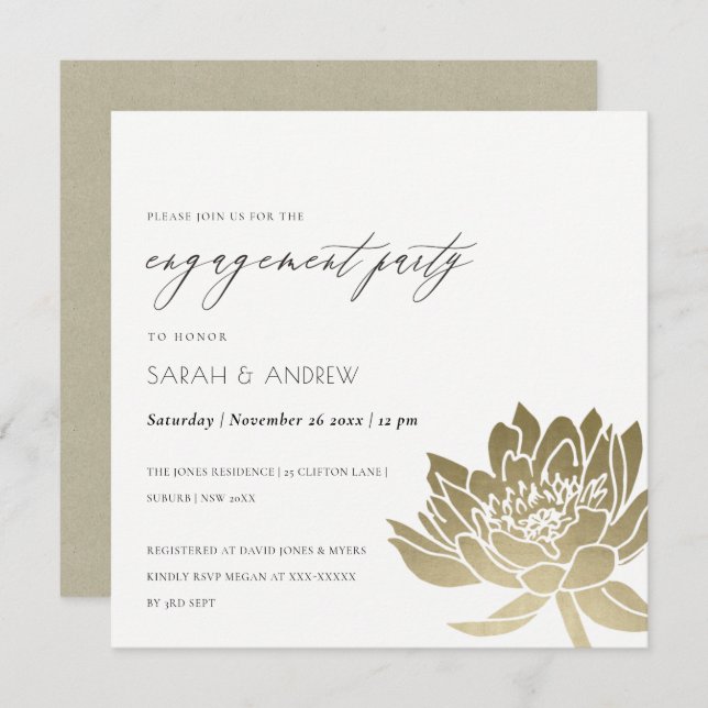GLAMOROUS GOLD WHITE LOTUS FLORAL ENGAGEMENT INVITATION (Front/Back)