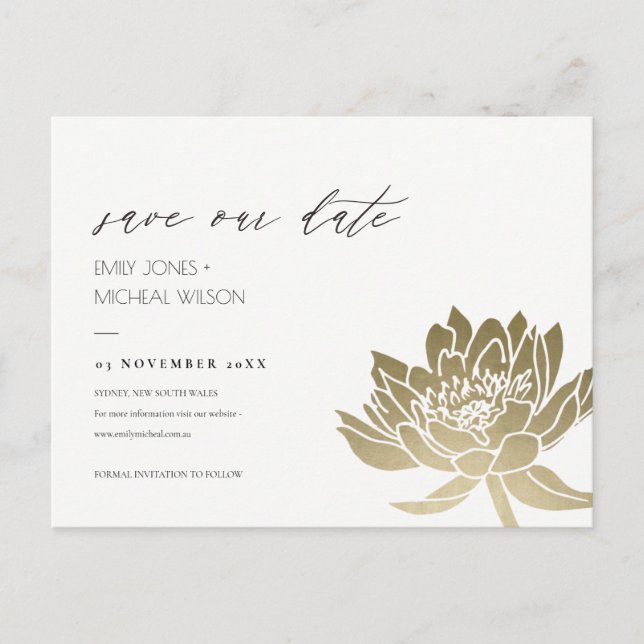 GLAMOROUS GOLD WHITE LOTUS FLORAL SAVE THE DATE ANNOUNCEMENT POSTCARD (Front)