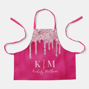 Glamorous Hot Pink Glitter Monogram Initials Apron