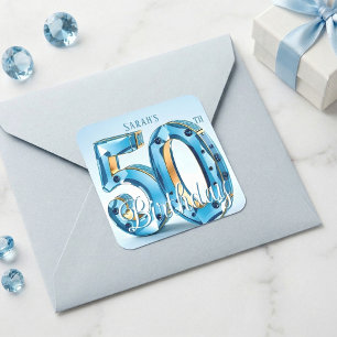 Glamorous Light Blue Jewel 50th Birthday Square Sticker