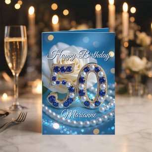 Glamorous Navy Blue Gems and Pearls 50th Birthday Card