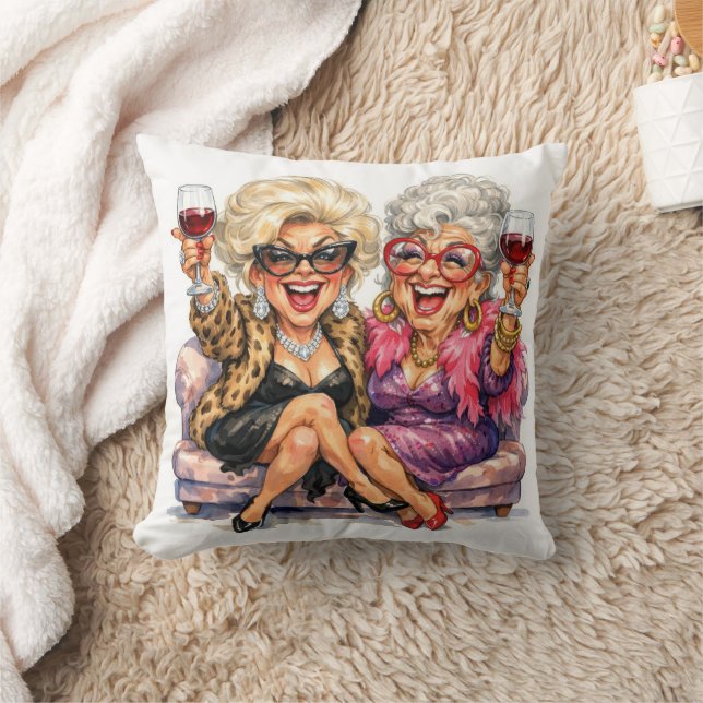Glamorous Old Ladies With Red Wine Cushion (Blanket)