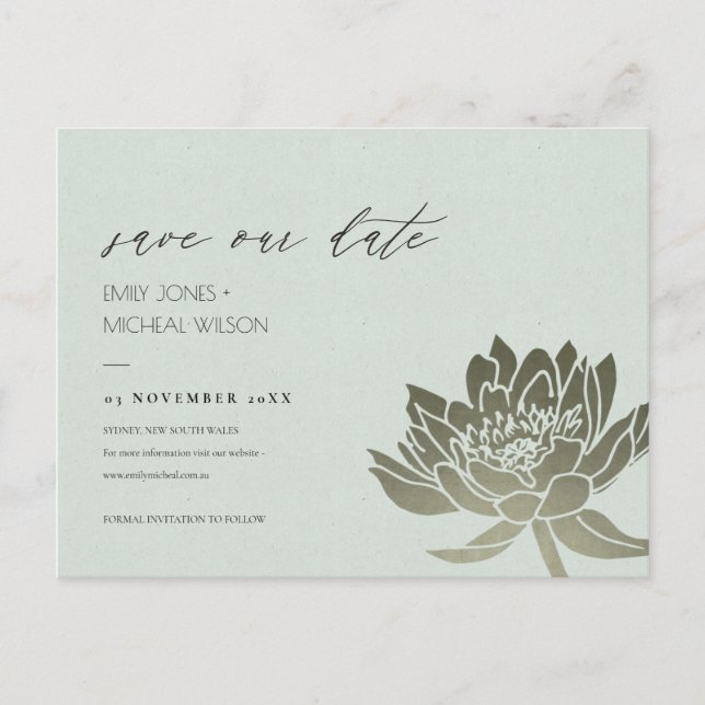 GLAMOROUS PALE BLUE SILVER LOTUS SAVE THE DATE ANNOUNCEMENT POSTCARD (Front)