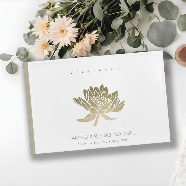 GLAMOROUS PALE GOLD WHITE LOTUS FLORAL MONOGRAM GUEST BOOK (Creator Uploaded)
