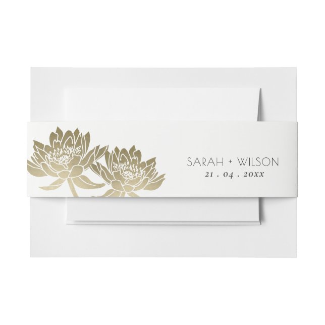 GLAMOROUS PALE GOLD WHITE LOTUS FLORAL MONOGRAM INVITATION BELLY BAND (Front Example)