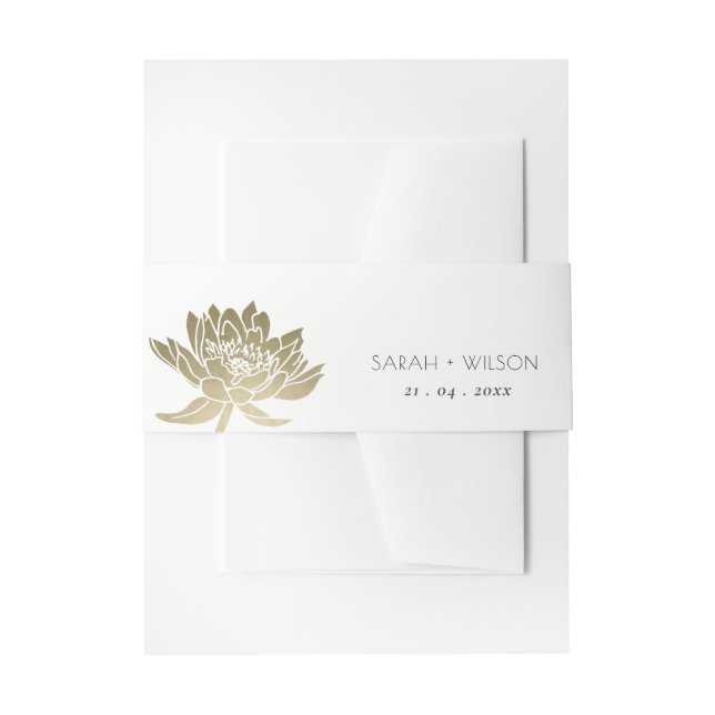 GLAMOROUS PALE GOLD WHITE LOTUS FLORAL MONOGRAM INVITATION BELLY BAND (Front Example)