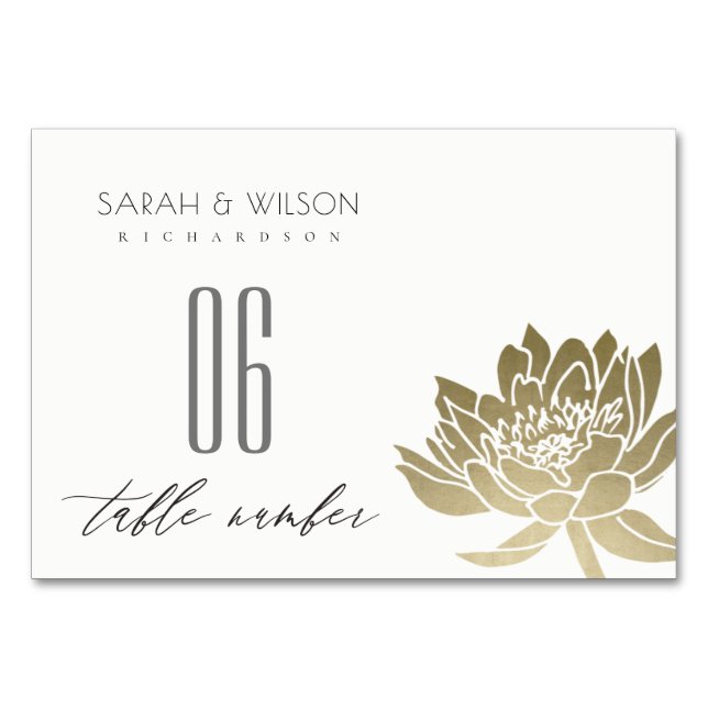 GLAMOROUS PALE GOLD WHITE LOTUS FLORAL TABLE TABLE NUMBER (Front)