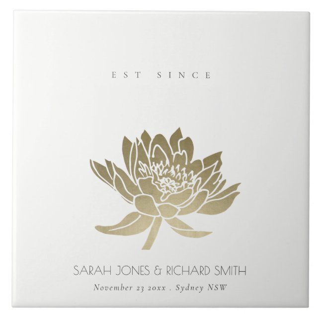 GLAMOROUS PALE GOLD WHITE LOTUS SAVE THE DATE GIFT CERAMIC TILE (Front)
