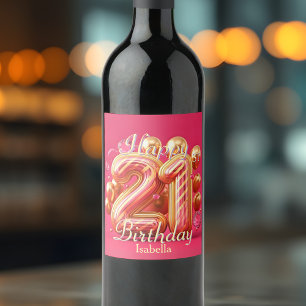 Glamorous Pink and Gold Striped 21st Birthday Wine Label