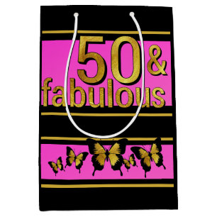 GLAMOROUS PINK BLACK GOLDEN FABULOUS 5O BUTTERFLY MEDIUM GIFT BAG
