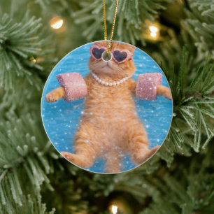 Glamorous Poolside Cat Floating In Style Ceramic Ornament