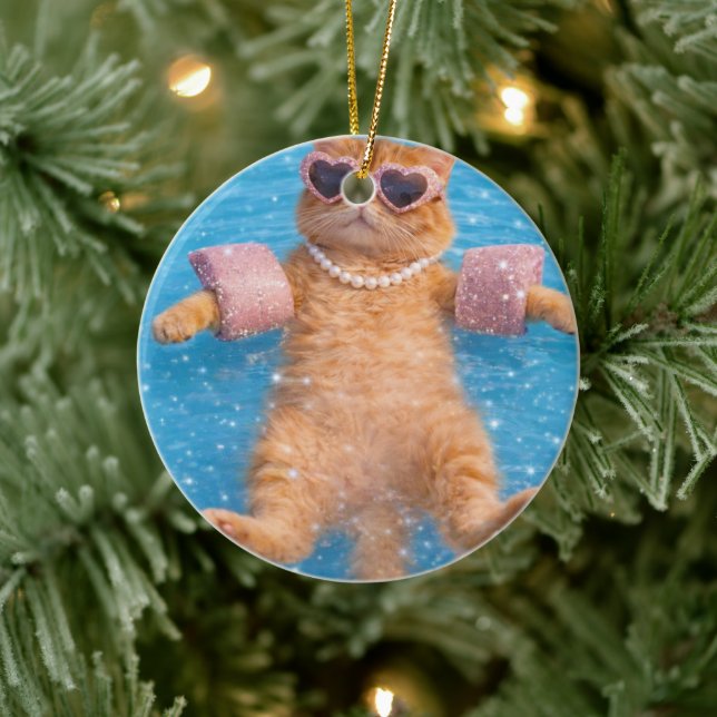 Glamorous Poolside Cat Floating In Style           Ceramic Ornament (Tree)