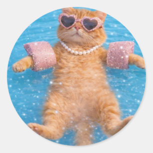 Glamorous Poolside Cat Floating In Style Classic Round Sticker