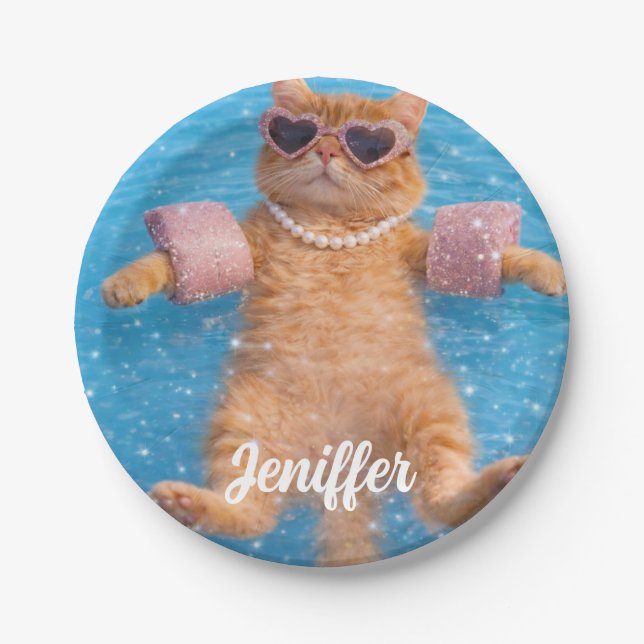 Glamorous Poolside Cat Floating In Style           Paper Plate (Front)