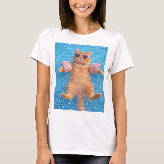 Glamorous Poolside Cat Floating In Style           T-Shirt (Front)
