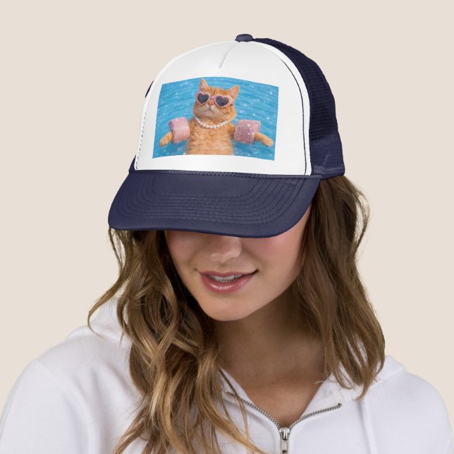 Glamorous Poolside Cat Floating In Style           Trucker Hat (In Situ)