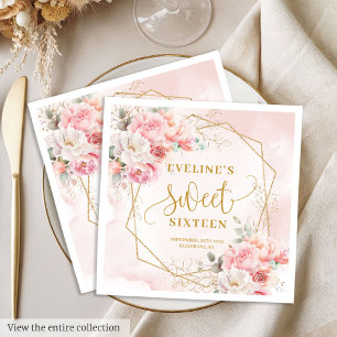 Glamorous Powder Pink Gold Flowers Sweet 16 Napkin