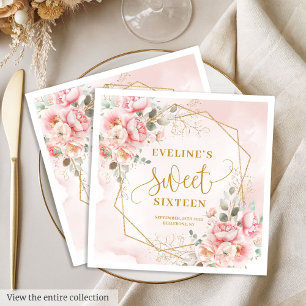 Glamorous Powder Pink Gold Flowers Sweet Sixteen  Napkin