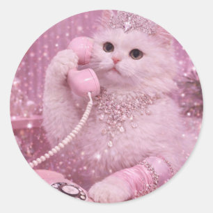 Glamorous Princess Cat Using Pink Telephone Classic Round Sticker