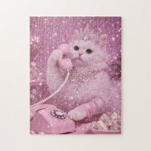 Glamorous Princess Cat Using Pink Telephone        Jigsaw Puzzle