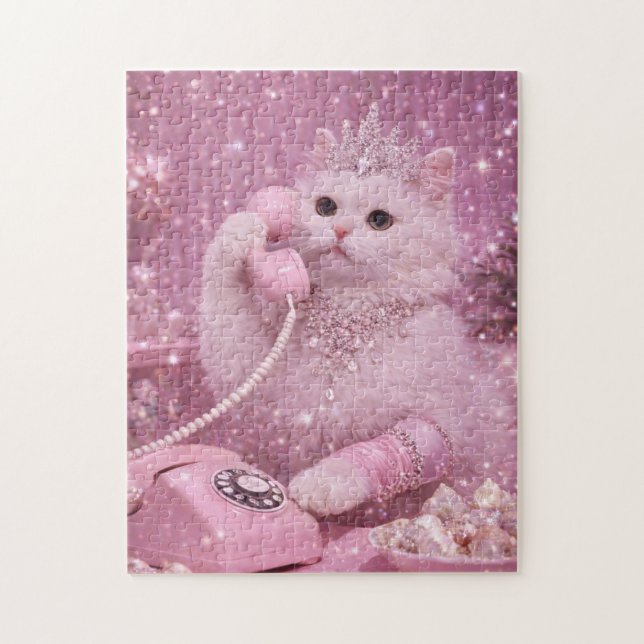 Glamorous Princess Cat Using Pink Telephone        Jigsaw Puzzle (Vertical)