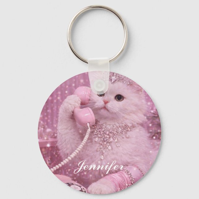 Glamorous Princess Cat Using Pink Telephone        Key Ring (Front)