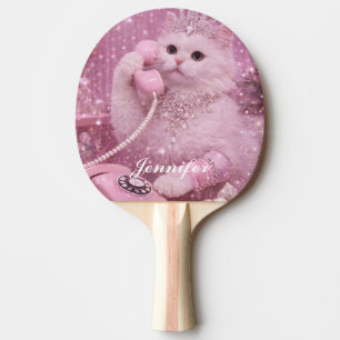 Glamorous Princess Cat Using Pink Telephone Ping Pong Paddle