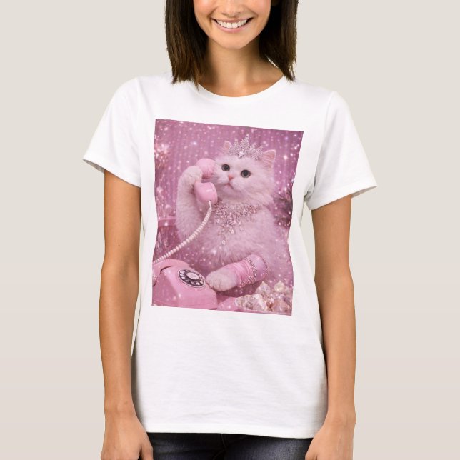 Glamorous Princess Cat Using Pink Telephone        T-Shirt (Front)