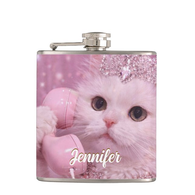 Glamorous Princess Cat Using Telephone             Hip Flask (Front)