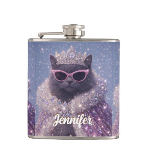 Glamorous Queen Cat Sparkling Fantasy Portrait Hip Flask