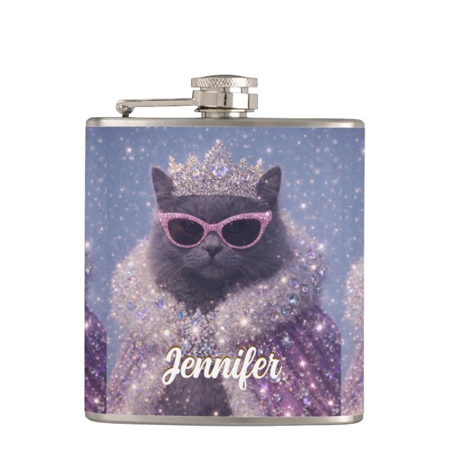 Glamorous Queen Cat Sparkling Fantasy Portrait     Hip Flask (Front)