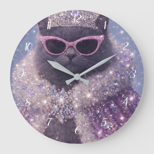 Glamorous Queen Cat Sparkling Fantasy Portrait     Large Clock (Front)