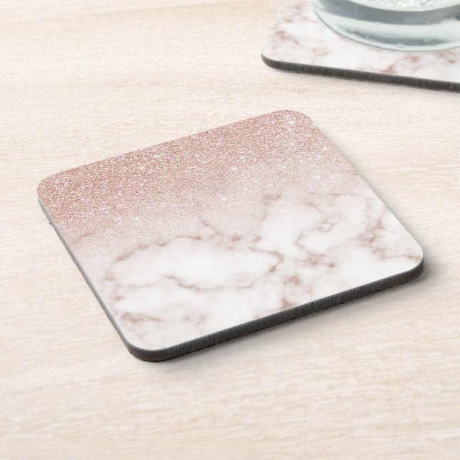 Glamorous Rose Gold White Glitter Marble Gradient Coaster (Left Side)