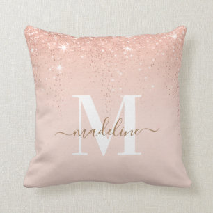 Glamorous Rosegold Glitter Elegant Script Monogram Cushion