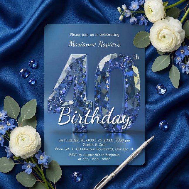Glamorous Sapphire Blue Diamond 40th Birthday Invitation (Creator Uploaded)
