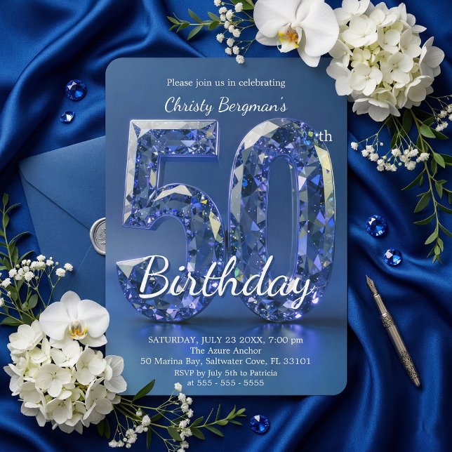 Glamorous Sapphire Blue Diamond 50th Birthday Invitation (Creator Uploaded)