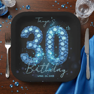 Glamorous Sapphire Blue Jewel Mosaic 30th Birthday Paper Plate