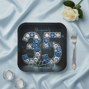 Glamorous Sapphire Diamond 35th Birthday Paper Plate