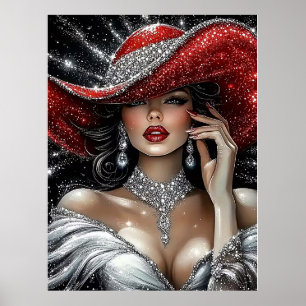 Glamorous Sparkle Lady in Red Hat Poster