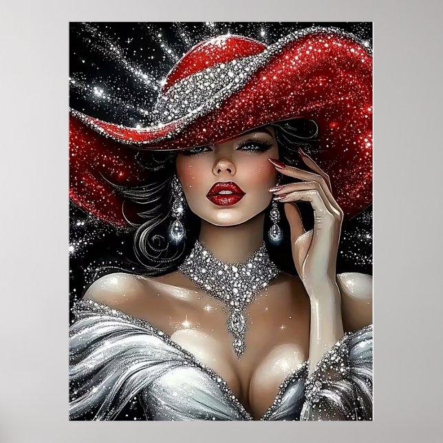 Glamorous Sparkle Lady in Red Hat Poster (Front)