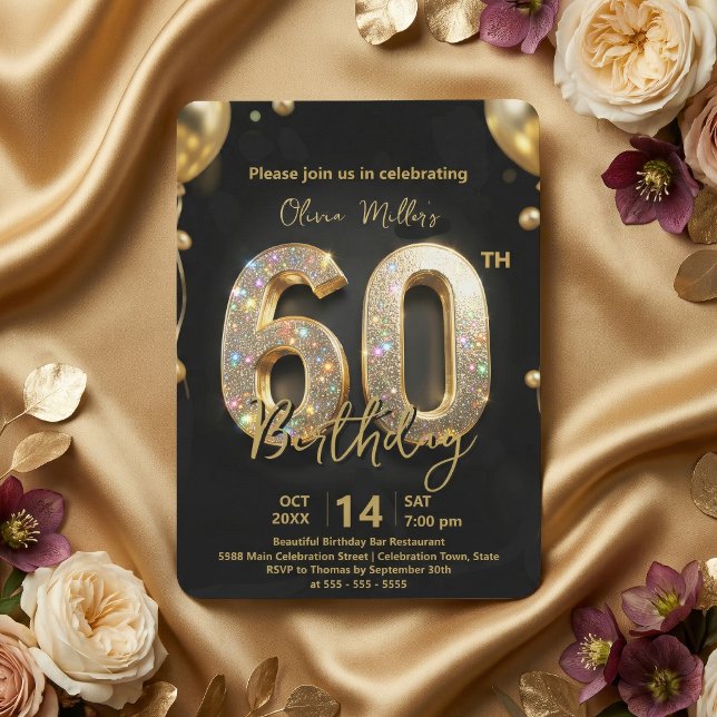Glamorous Sparkly Black and Gold 60th Birthday Invitation (Creator Uploaded)