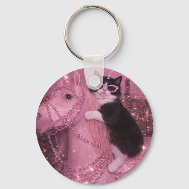 Glamorous Unicorn Cat Under Sparkling City         Key Ring (Front)