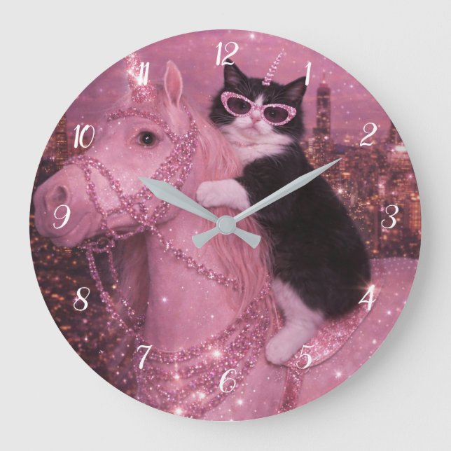 Glamorous Unicorn Cat Under Sparkling City         Large Clock (Front)